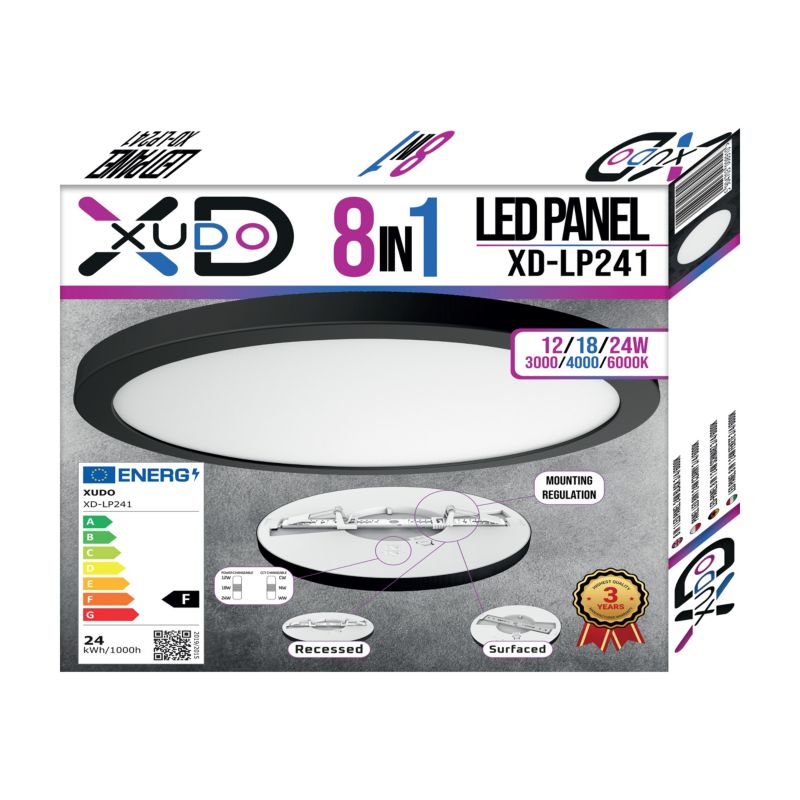 Panel LED XUDO 8-in-1 24W 3CCT lampa plafon czarny okrągły 1 szt.