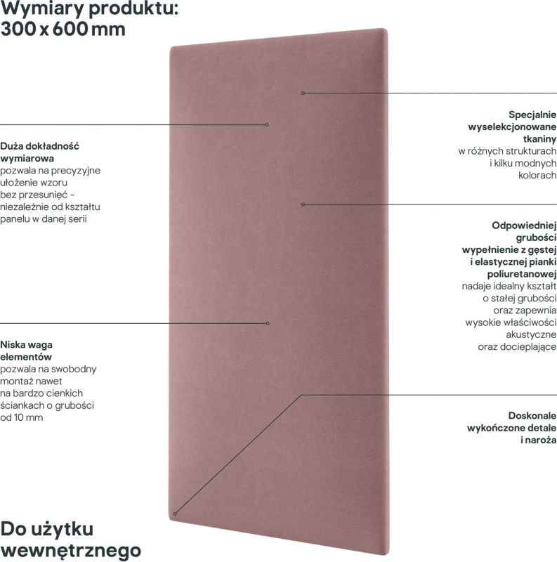 Panel ścienny tapicerowany Stegu Mollis prostokąt 60 x 30 cm brudny róż