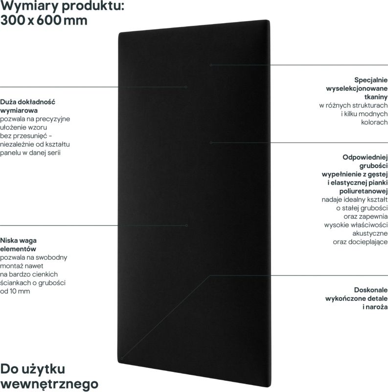 Panel ścienny tapicerowany Stegu Mollis prostokąt 60 x 30 cm czarny