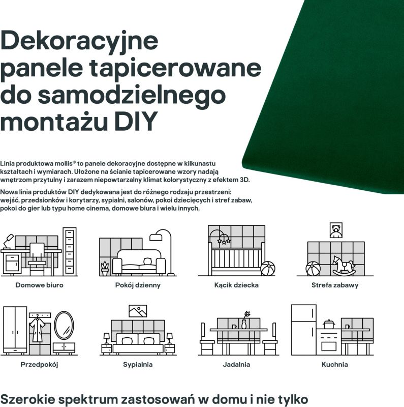 Panel ścienny tapicerowany Stegu Mollis prostokąt 60 x 30 cm zielony