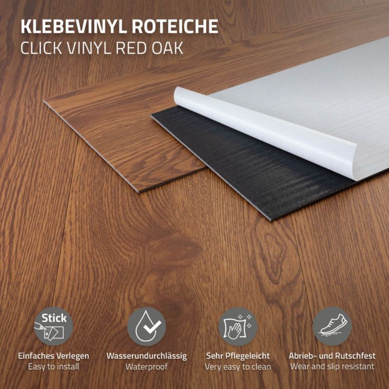 ML-Design podlahové panely 91,5 x 15,3 cm x 2 mm vinyl PVC samolepicí červený dub hnědá sada 8,92 m2 balení 64 ks.
