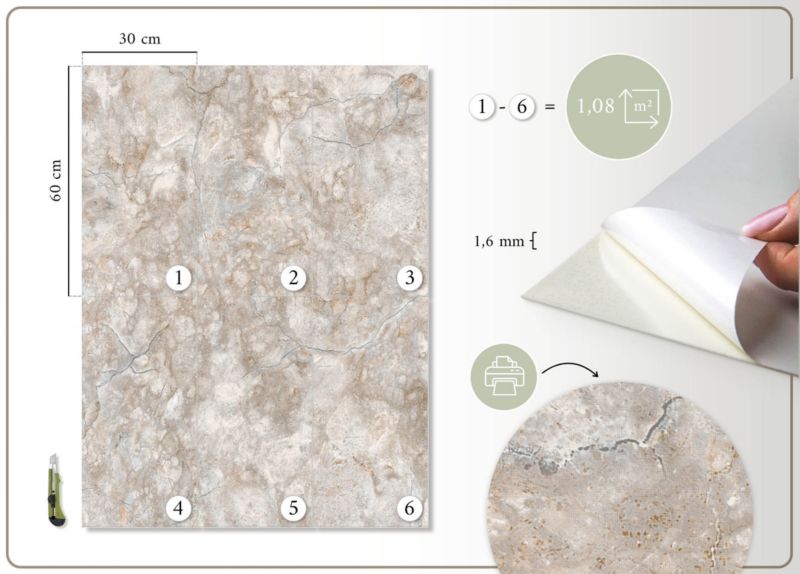 Panele samoprzylepne Wallfluent 60x30 cm Wzór inspirowany naturą kamieni 6 szt.