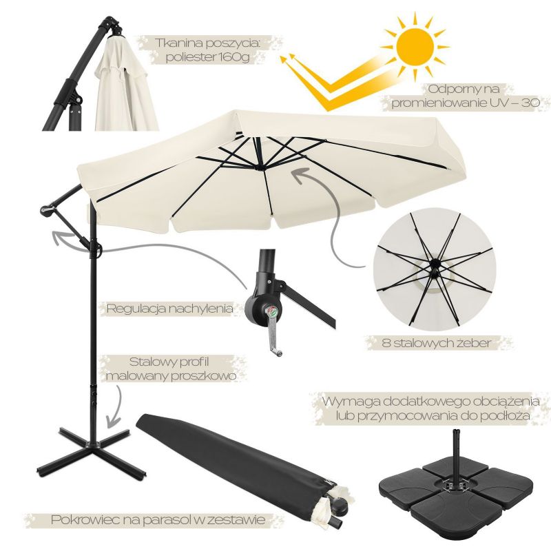 Parasol ogrodowy Bauerkraft składany 350 cm 8-ramienny, z pokrowcem, beżowy 1 szt.