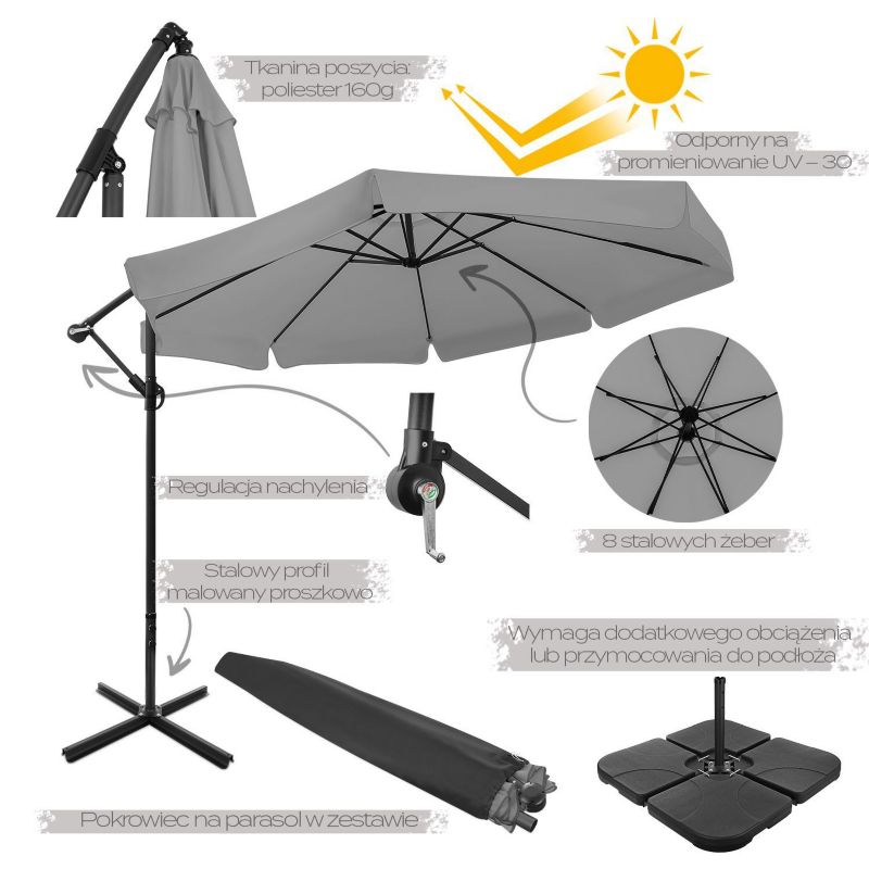 Parasol ogrodowy Bauerkraft składany 350 cm 8-ramienny, z pokrowcem, grafitowy 1 szt.