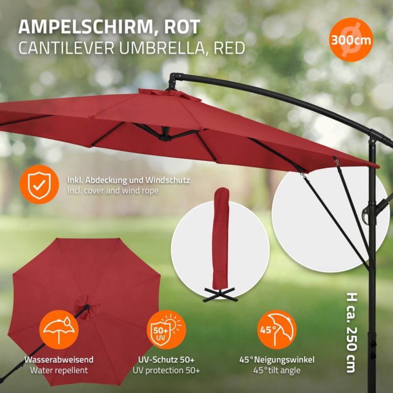 Parasol ogrodowy ML-Design czerwony 300 cm z korbką obrotowy 360 stopni posiada regulację kąta nachylenia pokrowiec stojak 1 szt