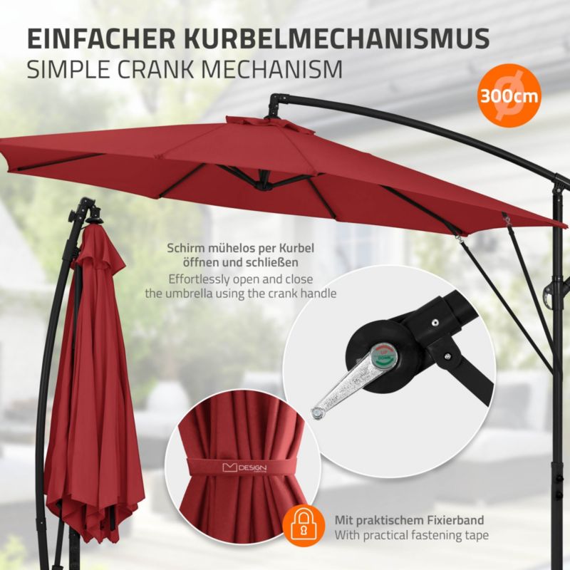 Parasol ogrodowy ML-Design czerwony 300 cm z korbką obrotowy 360 stopni posiada regulację kąta nachylenia pokrowiec stojak 1 szt