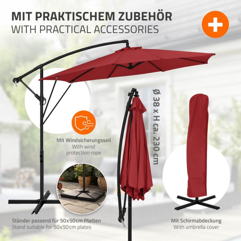 Parasol ogrodowy ML-Design czerwony 300 cm z korbką obrotowy 360 stopni posiada regulację kąta nachylenia pokrowiec stojak 1 szt