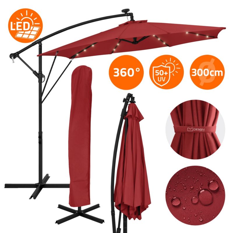 Parasol ogrodowy ML-Design o średnicy 300 cm czerwony LED Solar z korbką obrotowy 360 stopni wodoodporny z pokrowcem UV50 1 szt