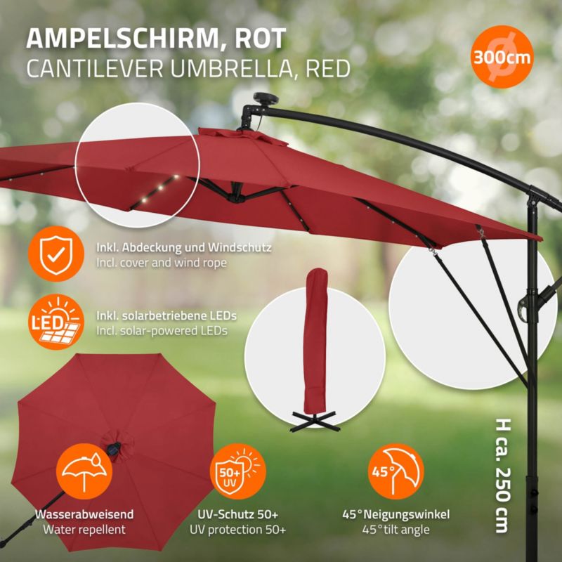 Parasol ogrodowy ML-Design o średnicy 300 cm czerwony LED Solar z korbką obrotowy 360 stopni wodoodporny z pokrowcem UV50 1 szt