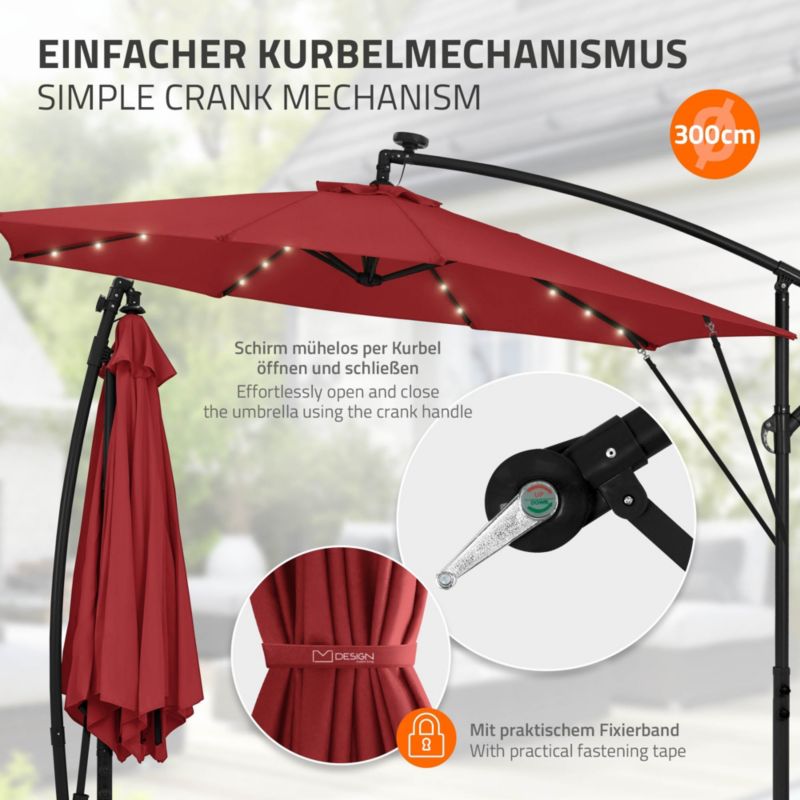 Parasol ogrodowy ML-Design o średnicy 300 cm czerwony LED Solar z korbką obrotowy 360 stopni wodoodporny z pokrowcem UV50 1 szt