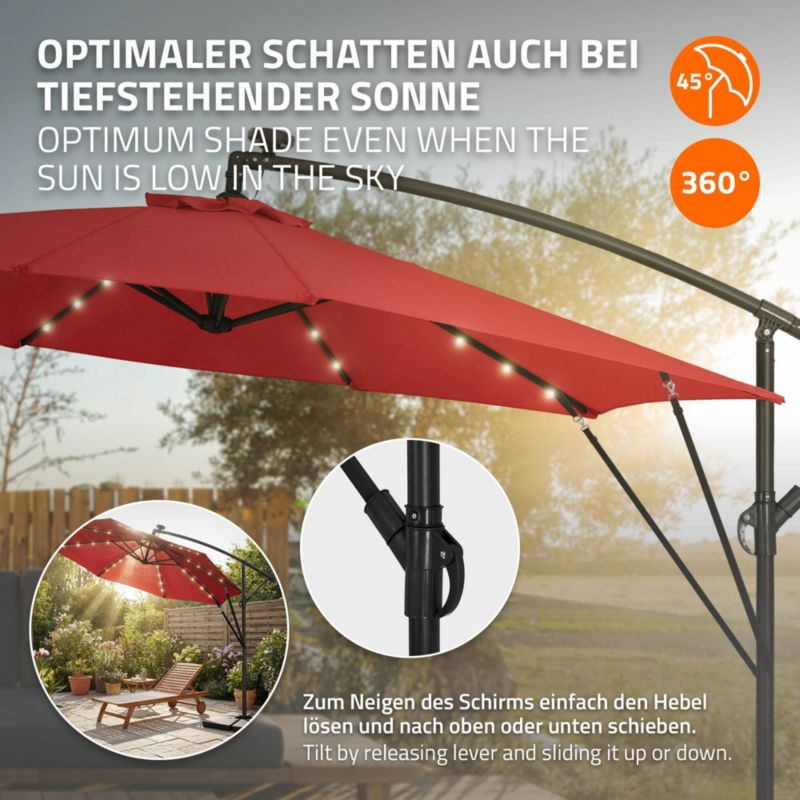 Parasol ogrodowy ML-Design o średnicy 300 cm czerwony LED Solar z korbką obrotowy 360 stopni wodoodporny z pokrowcem UV50 1 szt