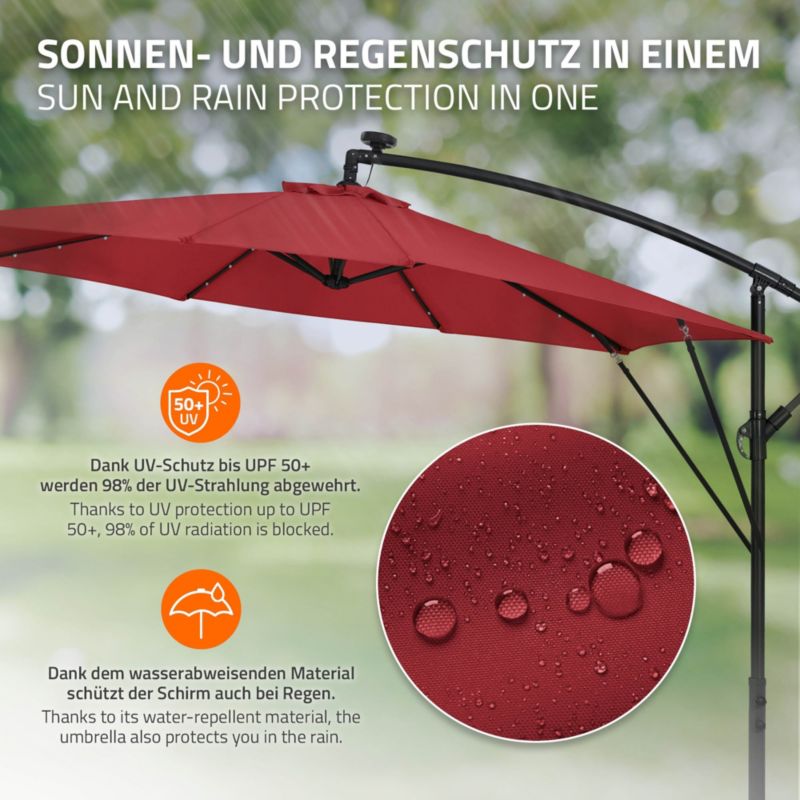 Parasol ogrodowy ML-Design o średnicy 300 cm czerwony LED Solar z korbką obrotowy 360 stopni wodoodporny z pokrowcem UV50 1 szt