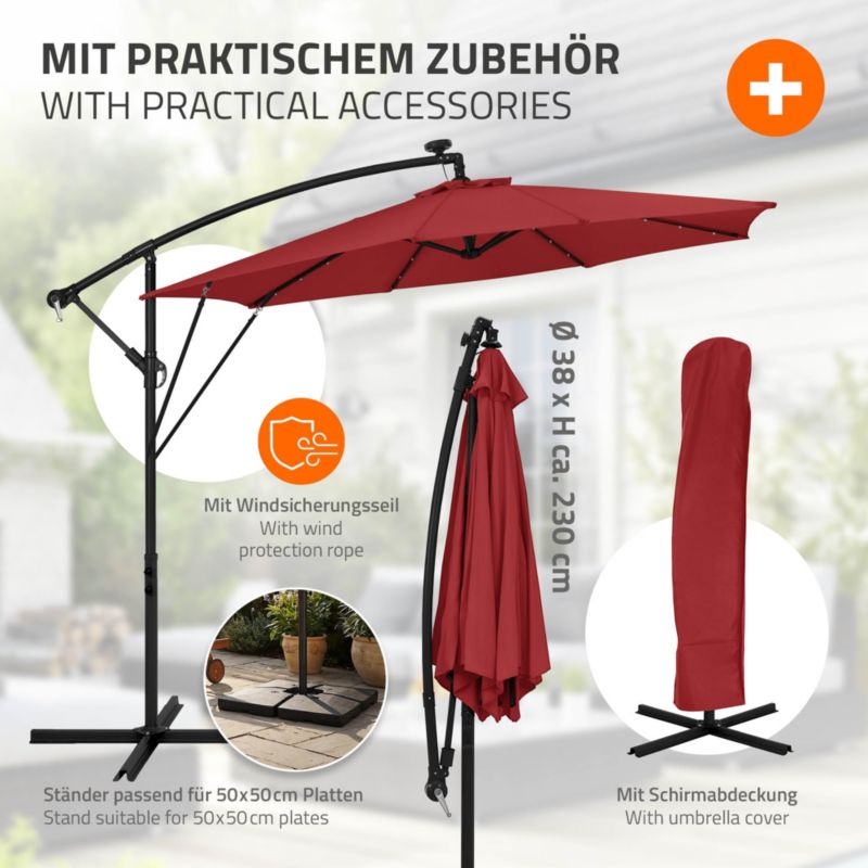 Parasol ogrodowy ML-Design o średnicy 300 cm czerwony LED Solar z korbką obrotowy 360 stopni wodoodporny z pokrowcem UV50 1 szt