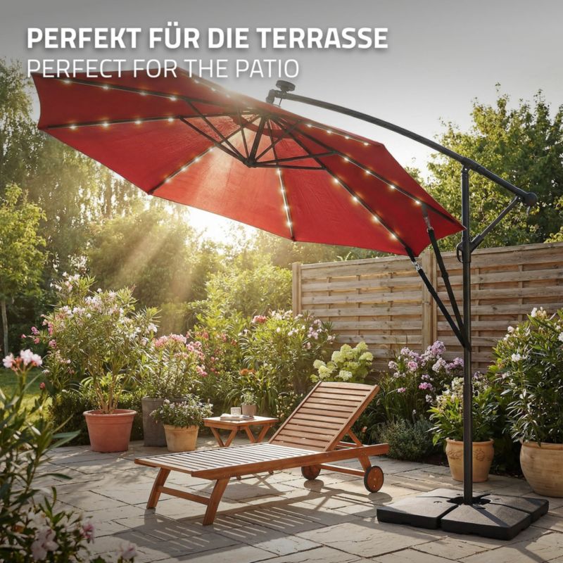 Parasol ogrodowy ML-Design o średnicy 300 cm czerwony LED Solar z korbką obrotowy 360 stopni wodoodporny z pokrowcem UV50 1 szt