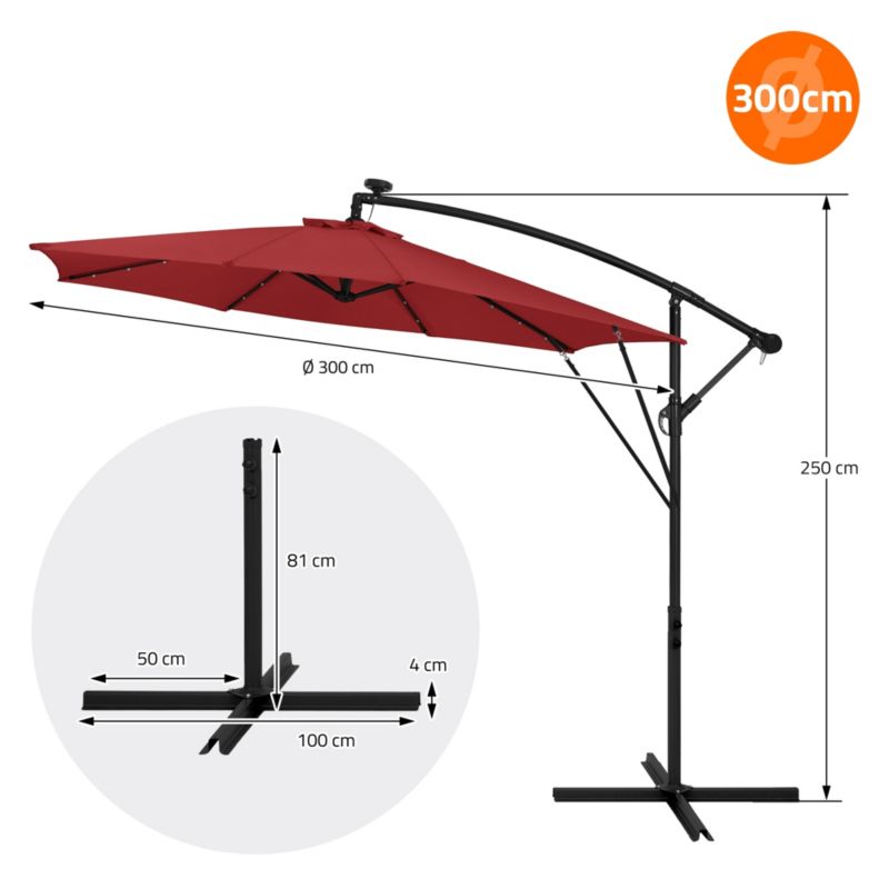 Parasol ogrodowy ML-Design o średnicy 300 cm czerwony LED Solar z korbką obrotowy 360 stopni wodoodporny z pokrowcem UV50 1 szt