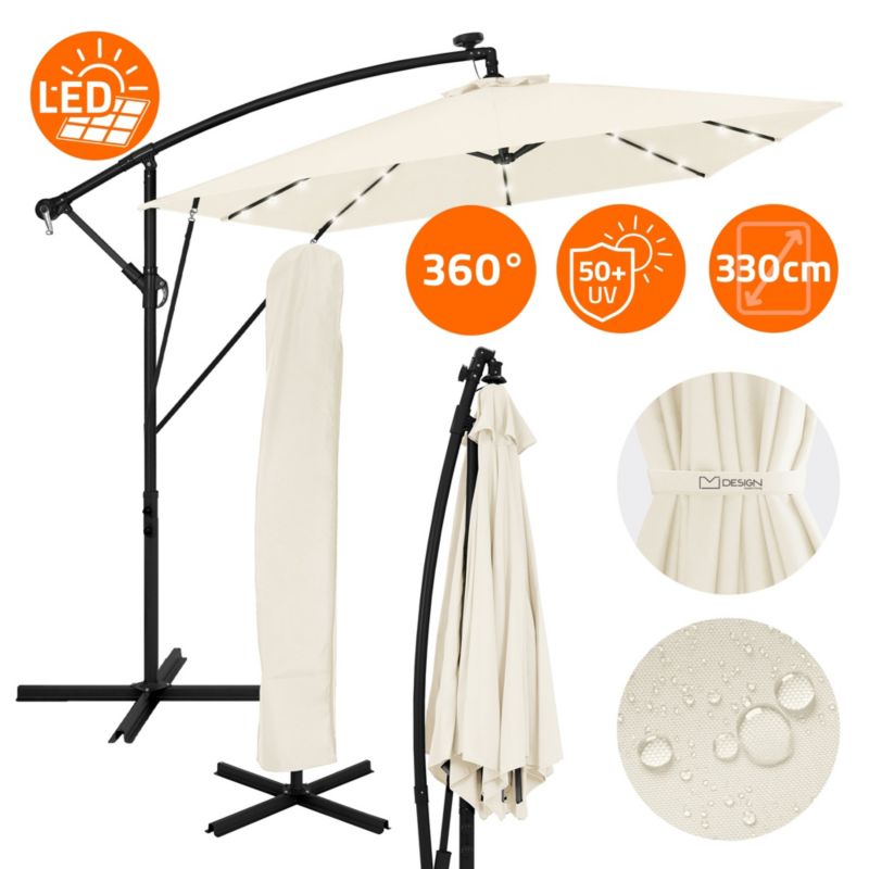 Parasol ogrodowy ML-Design o średnicy 330 cm beżowy LED Solar z korbką obrotowy 360 stopni wodoodporny z pokrowcem UV50 1 szt