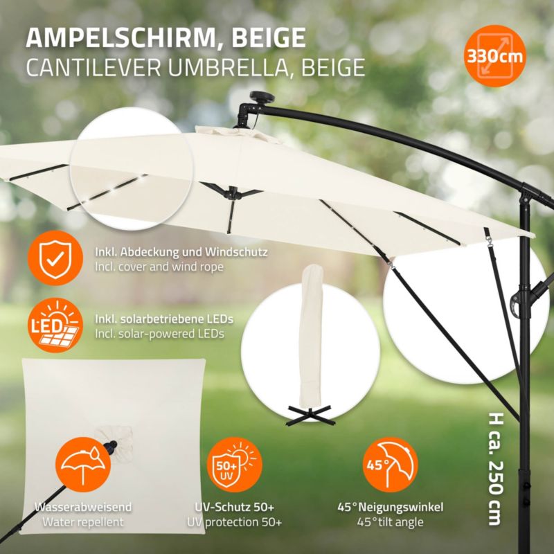 Parasol ogrodowy ML-Design o średnicy 330 cm beżowy LED Solar z korbką obrotowy 360 stopni wodoodporny z pokrowcem UV50 1 szt