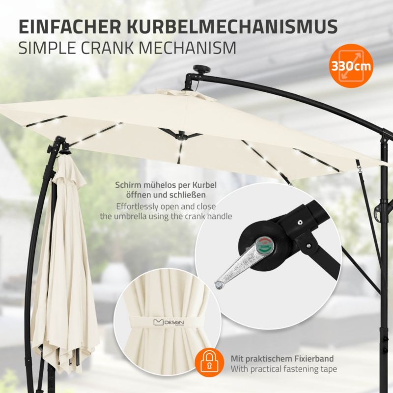 Parasol ogrodowy ML-Design o średnicy 330 cm beżowy LED Solar z korbką obrotowy 360 stopni wodoodporny z pokrowcem UV50 1 szt