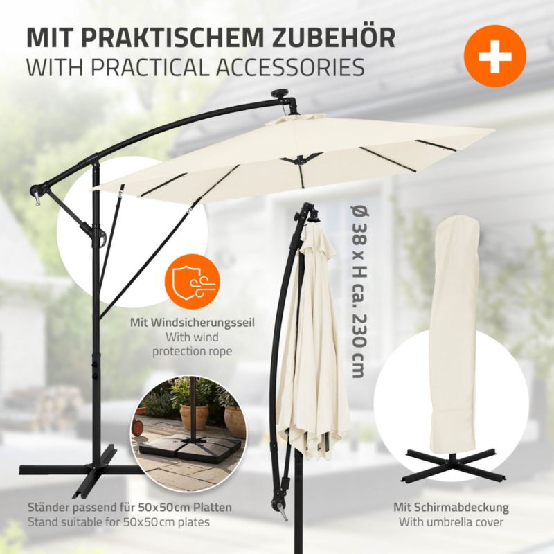 Parasol ogrodowy ML-Design o średnicy 330 cm beżowy LED Solar z korbką obrotowy 360 stopni wodoodporny z pokrowcem UV50 1 szt
