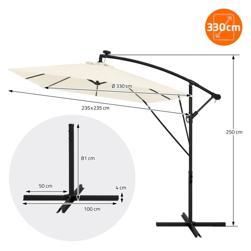 Parasol ogrodowy ML-Design o średnicy 330 cm beżowy LED Solar z korbką obrotowy 360 stopni wodoodporny z pokrowcem UV50 1 szt