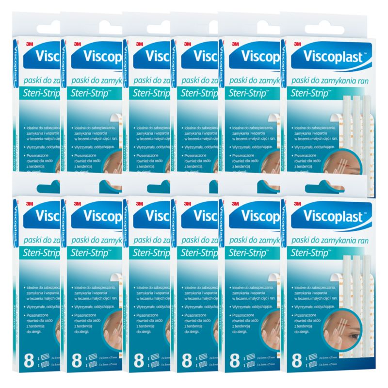 Paski do zamykania ran Viscoplast Steri-Strip białe 2 rozmiary 8 szt. w pudełku, 12 pudełek w zestawie