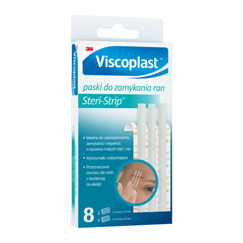 Paski do zamykania ran Viscoplast Steri-Strip białe 2 rozmiary 8 szt. w pudełku, 12 pudełek w zestawie