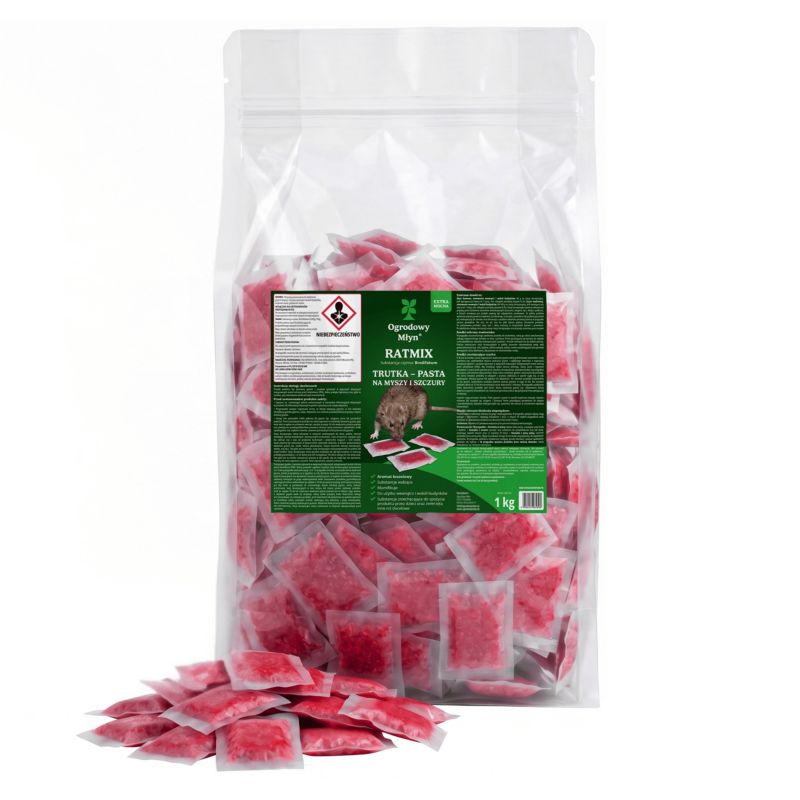 Pasta Ogrodowy Młyn mocna i silna na myszy szczury czerwona trutka bromadiolon łosoś 1 kg.
