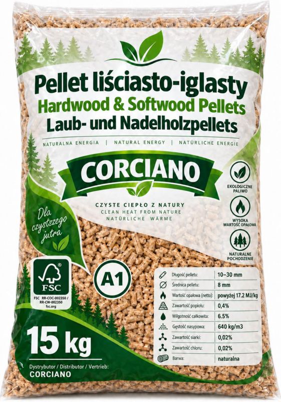 Pellet Corciano drzewny Opał zimowy Paleta 750kg po 15kg 1kpl.