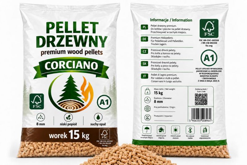Pellet Corciano drzewny Opał zimowy Paleta 750kg po 15kg 1kpl.