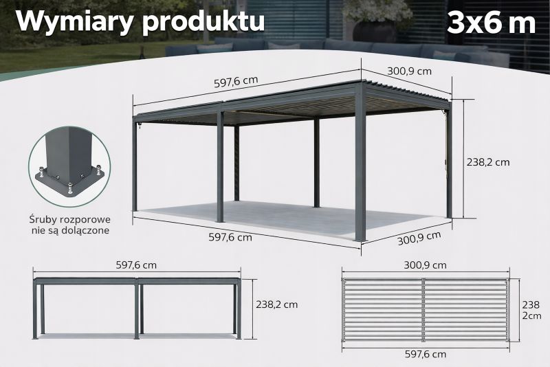 Pergola Tarasowa Corciano Borneo z otwieranym dachem Altana Aluminiowa Antracyt 3x6m 1szt.