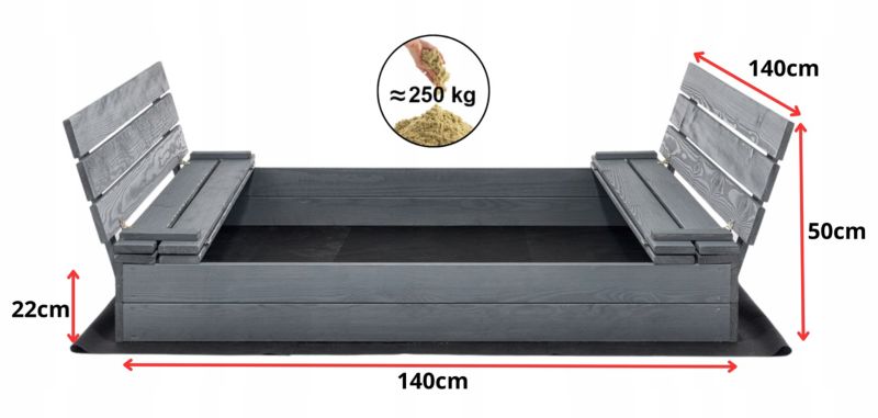 Piaskownica Zamykana Szara 140x140cm SunWood z Ławeczkami Impregnowana 1 szt.