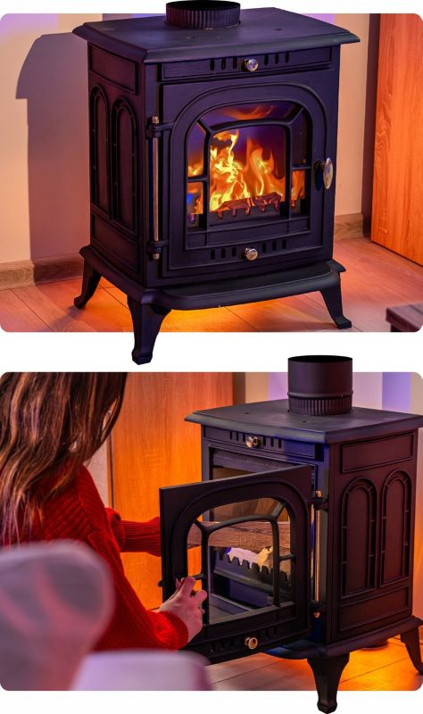 Piec kominkowy na drewno żeliwny Thunder AGNI 7kW czarny ekoprojekt zestaw z rurami 1szt.
