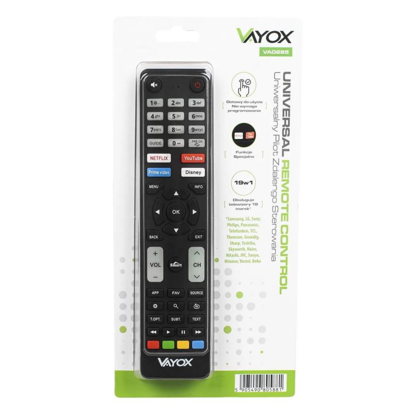 Pilot zdalnego sterowania do TV Vayox (obsługuje TV 19 marek) VA0285 1szt.