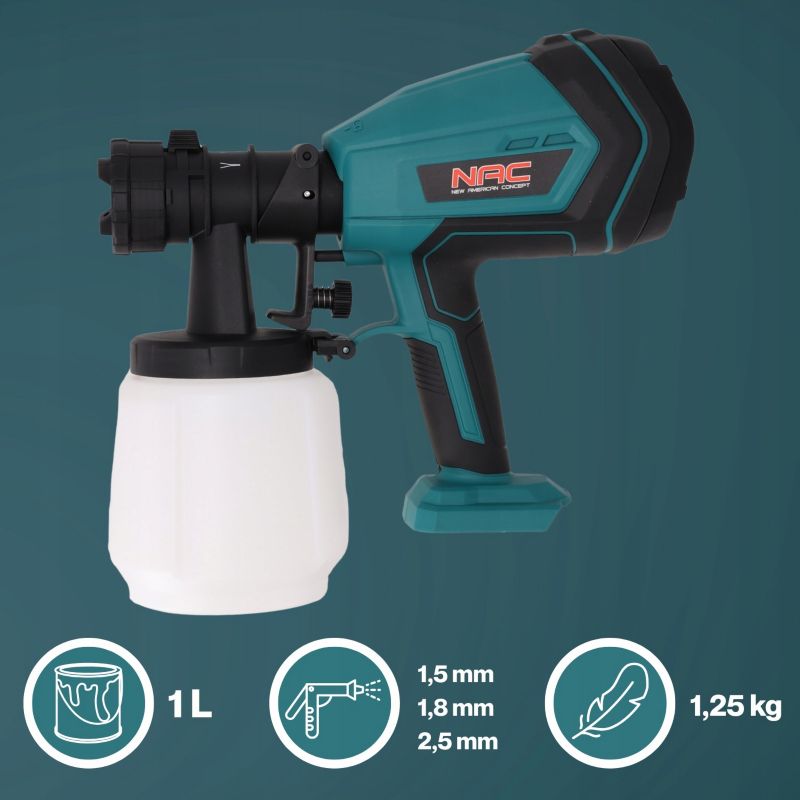 Pistolet do malowania NAC PG-LI-20V bez akumulatora i ładowarki 3 dysze zbiornik 1l lekki 1,25 kg 20V 1 szt.