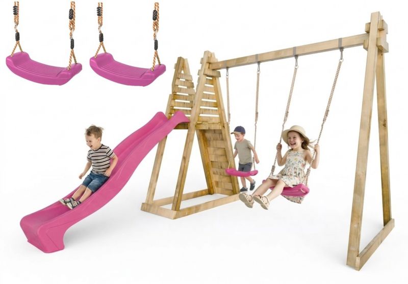 Plac zabaw dla dzieci Meblogród Mini Przygoda różowa zjeżdżalnia i huśtawki, wieża, drabinka, 1kpl