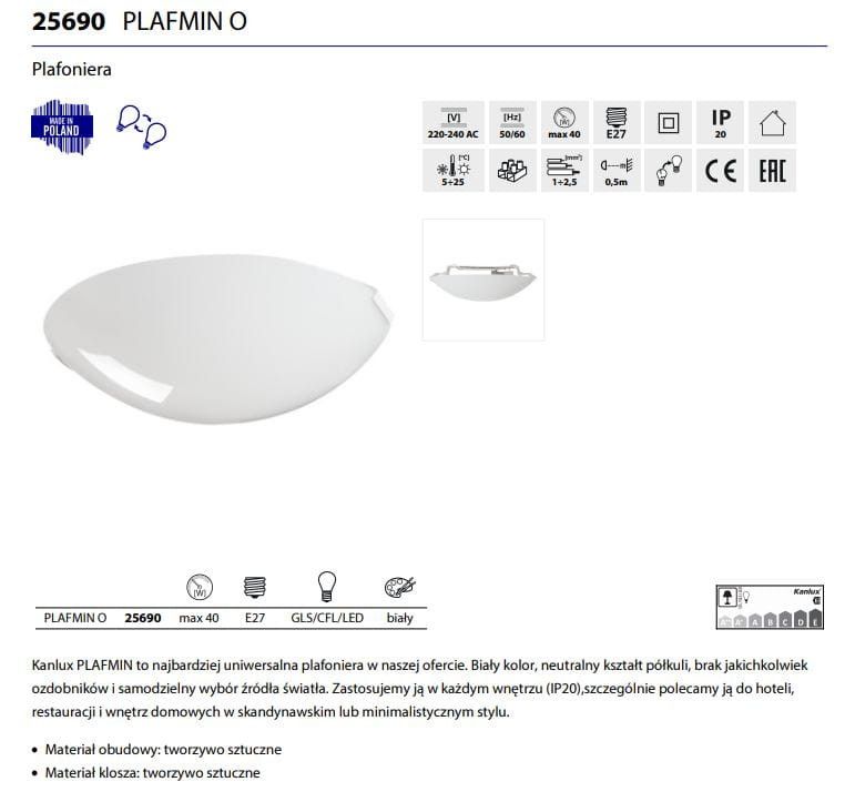 Plafon Kanlux Plafmin biały  1 x E27 x 40W IP20 wym: 9 x 25 x 25 cm - 1 szt.