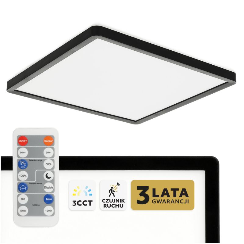 Plafon LED Kobi kwadrat 18w 3cct z czujnikiem ruchu IP54 czarny 1szt.