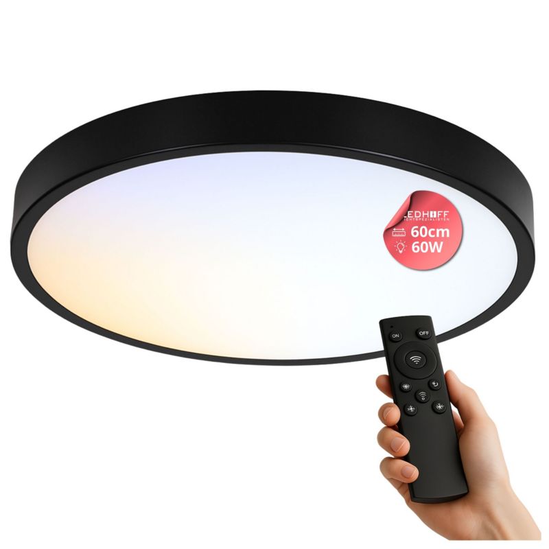 Plafon LED Ledhoff czarny okrągły ściemniany z pilotem 60 W 6000 lm 3 barwy światła 60 cm 1 sztuka