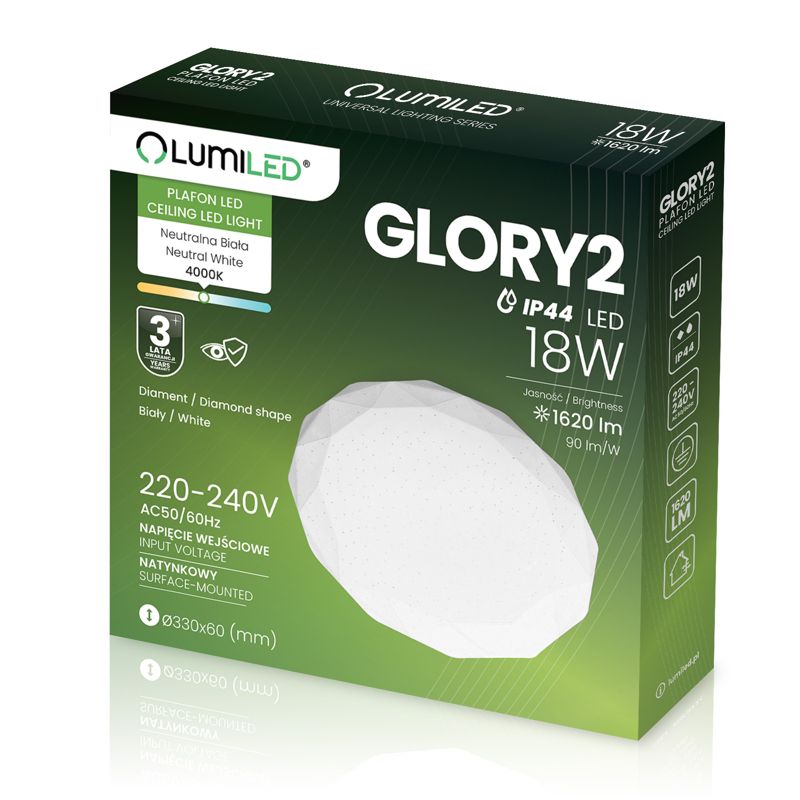 Plafon LED Lumiled Lampa Sufitowa Natynkowa 18W IP44 Okrągły Diament 33cm 1 szt.