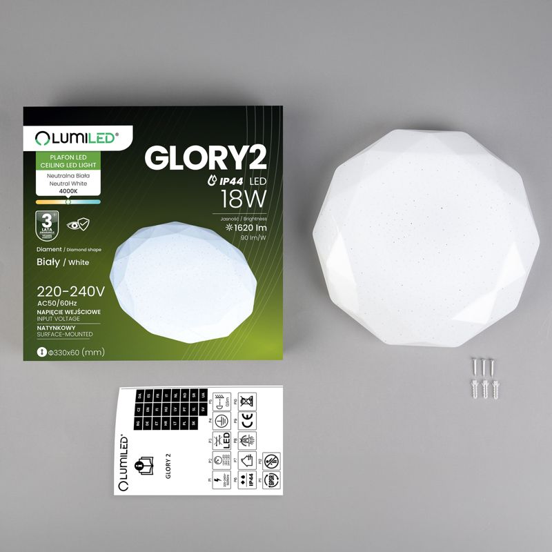 Plafon LED Lumiled Lampa Sufitowa Natynkowa 18W IP44 Okrągły Diament 33cm 1 szt.