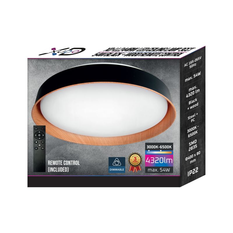 Plafon LED XUDO 54W 40cm 3CCT z pilotem Czarny Drewno 1 szt.