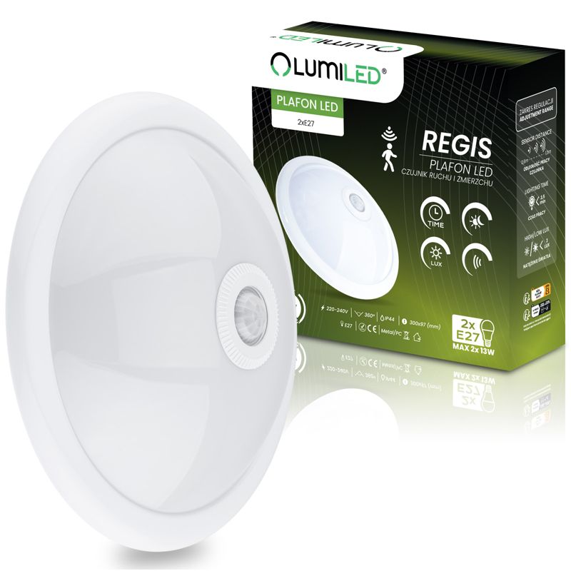 Plafon Lumiled Lampa Sufitowa Łazienkowy Plafon LED  2x E27 IP44 z Czujnikiem Ruchu i Zmierzchu Biały Okrągły 30cm 1 szt.
