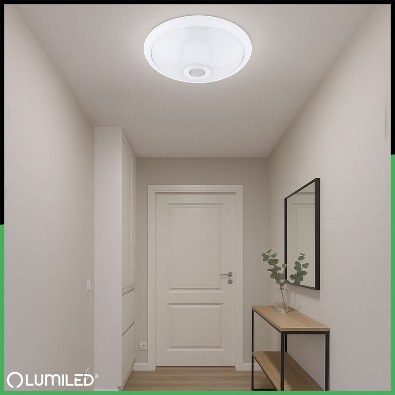 Plafon Lumiled Lampa Sufitowa Łazienkowy Plafon LED  2x E27 IP44 z Czujnikiem Ruchu i Zmierzchu Biały Okrągły 30cm 1 szt.