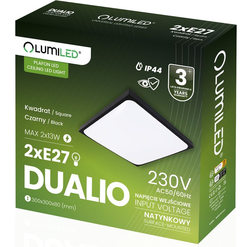 Plafon Lumiled Lampa Sufitowa Łazienkowy Plafon LED  2x E27 Kwadratowy IP44 30cm 1 szt.