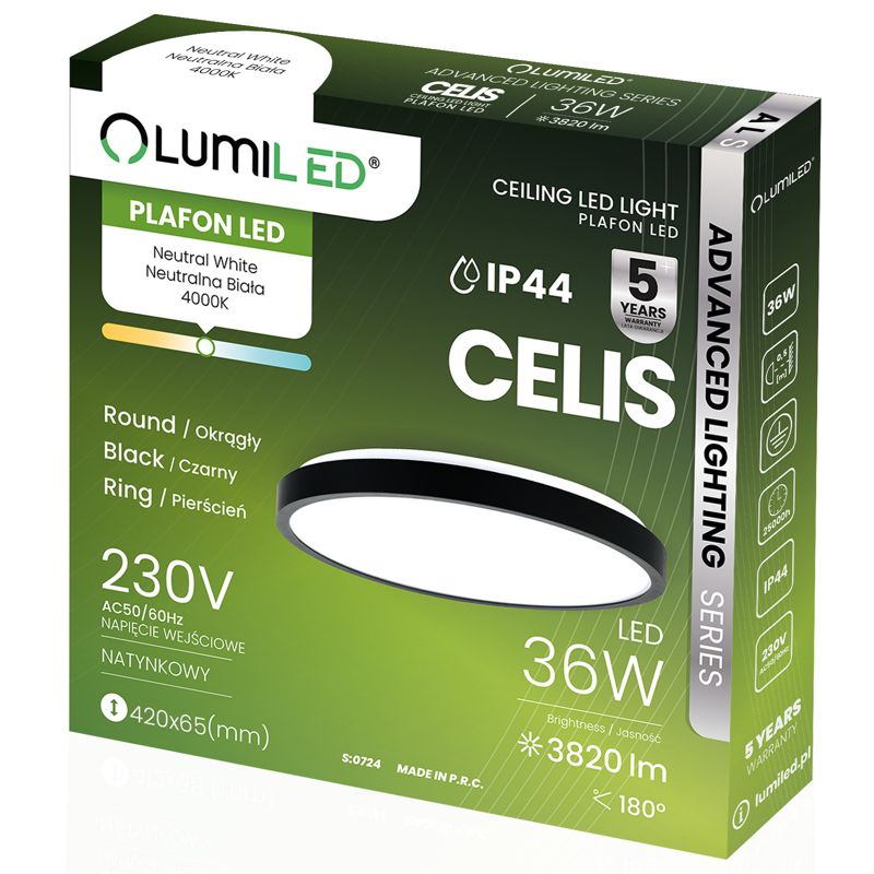 Plafon Lumiled Lampa Sufitowa Łazienkowy Plafon LED  36W 4000K Okrągły IP44 Czarny 1 szt.