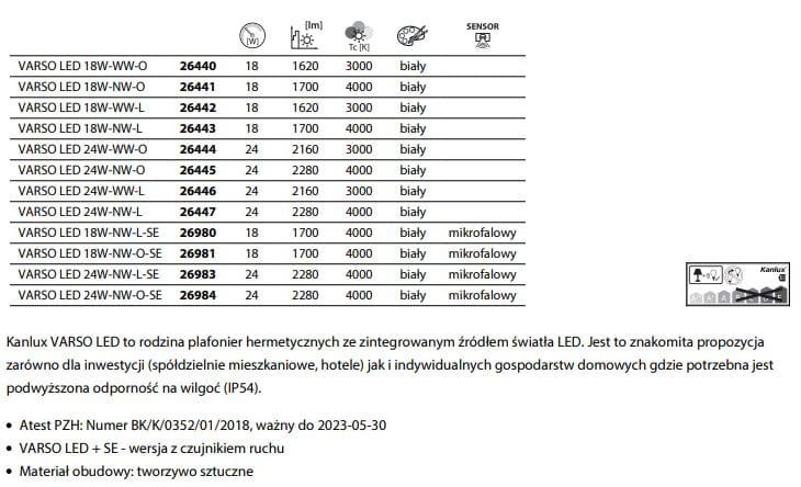 Plafon nowoczesny sufitowy Kanlux Varso biały LED 18W 4000K 1700lm  IP54 wym: 5 x 28 x 28 cm tworzywo sztuczne - 1 szt.