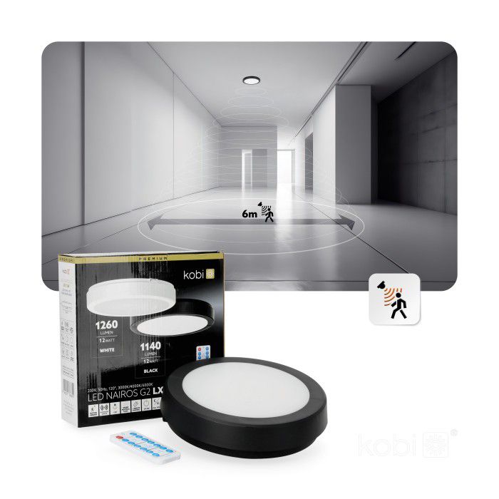 Plafon z czujnikiem ruchu LED 12W Kobi 3cct IP65 czarny 1szt.