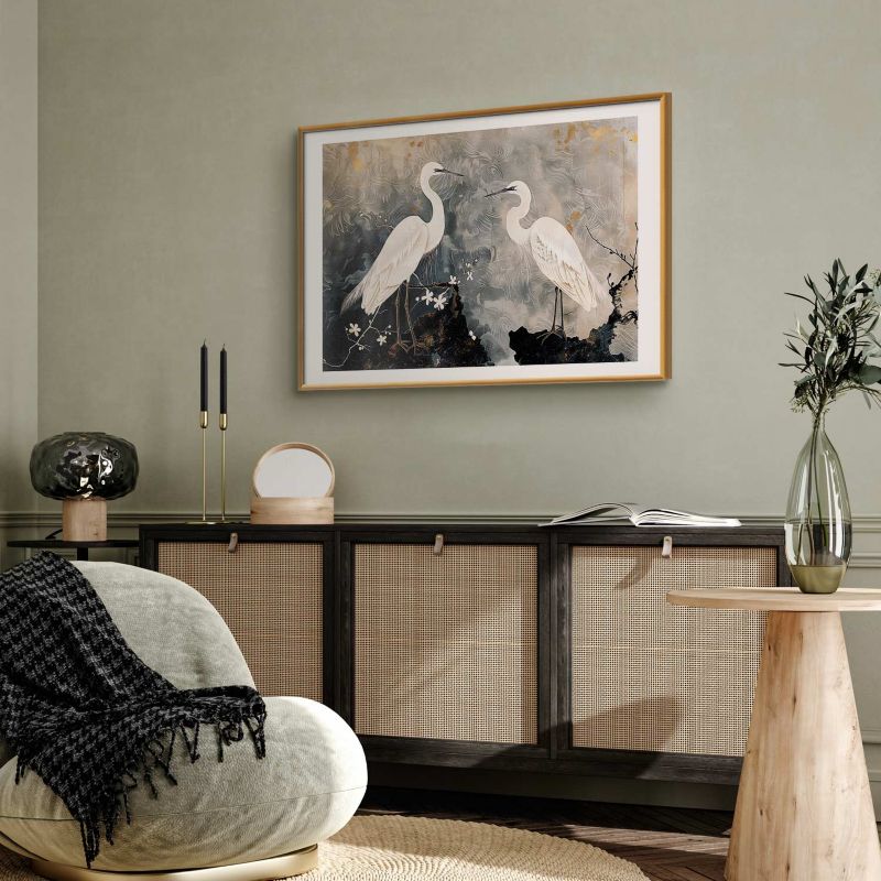 Plakat Artgeist Czaple i kwiat wiśni 42x29,7 cm z ramą złotą 1 szt