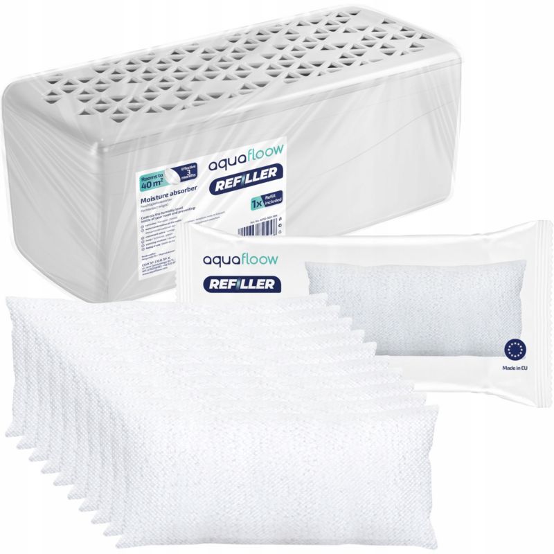 Pochłaniacz wilgoci, AquaFloow. osuszacz powietrza, 1szt + wkłady do pochłaniacza wilgoci 500g, 10szt, zestaw, 11szt