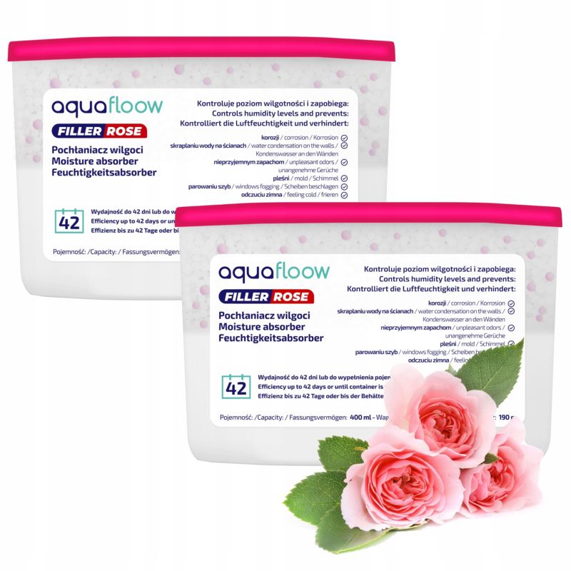 Pochłaniacz wilgoci, Aquafloow, osuszacz powietrza, różany, 400 ml, 2szt